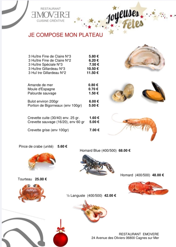 Menu de Fêtes - Emovere - restaurant CAGNES-SUR-MER - Restaurant Saint Laurent du Var